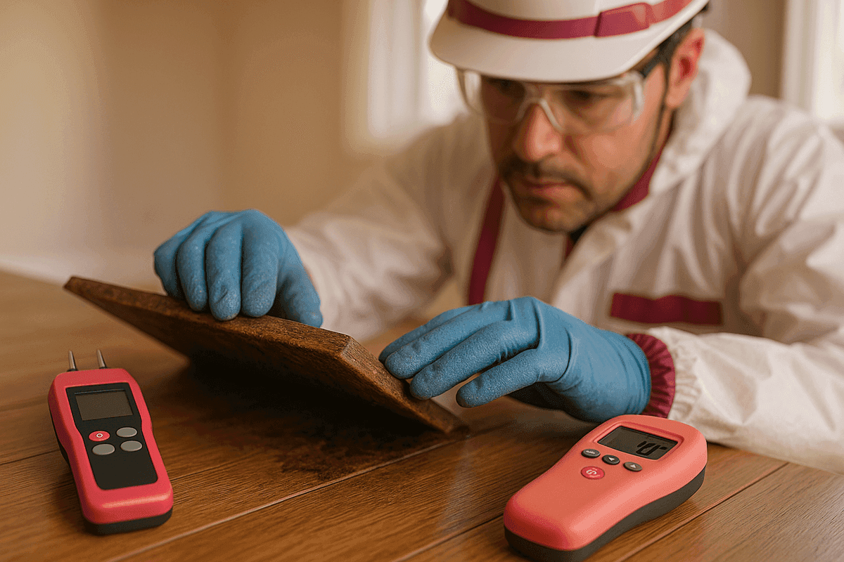 Close-up of technician’s gloved hands inspecting damp wooden floor with moisture detection tools in Scio