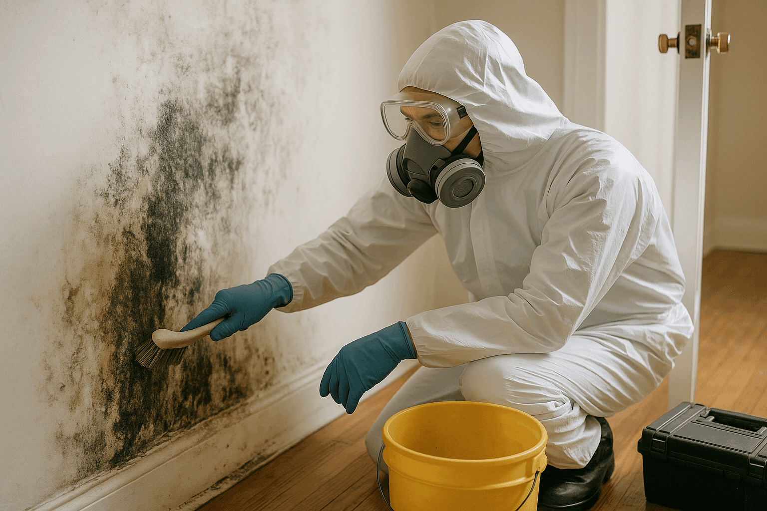 Technician performing mold remediation on water-damaged wall in home