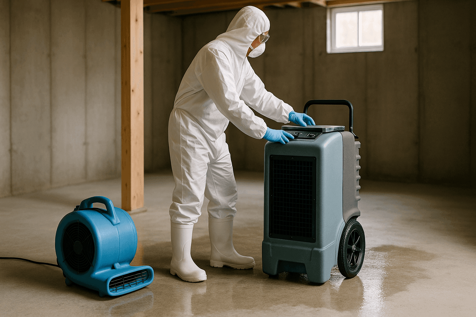 Technician using dehumidifier and air mover in damp basement