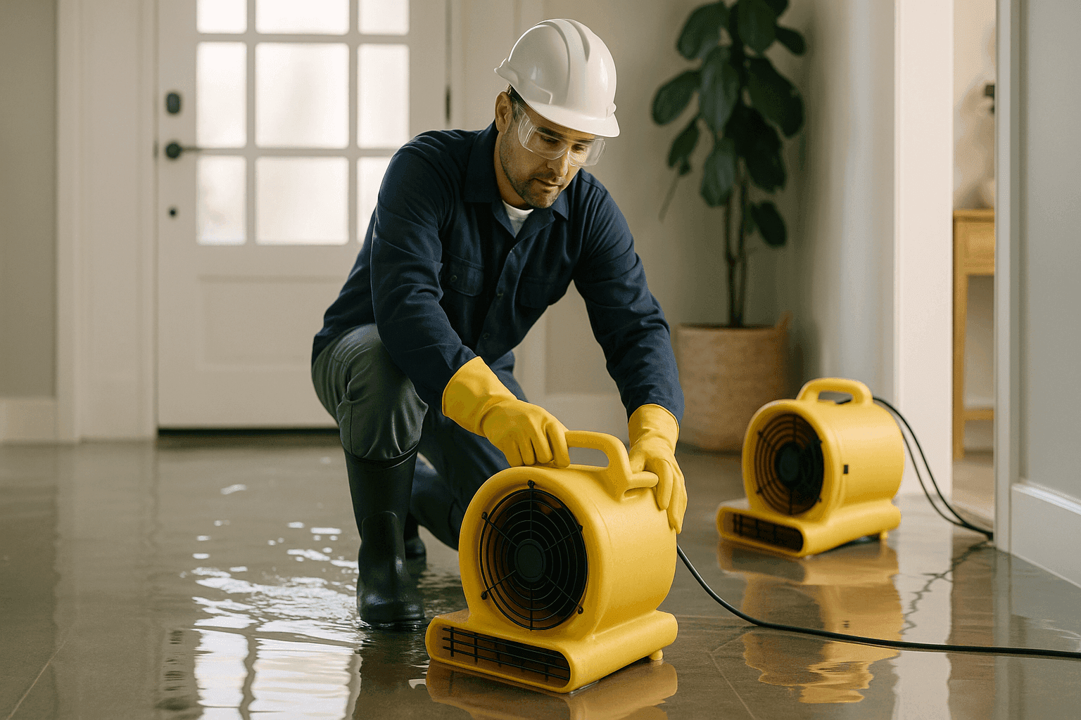 Technician setting up drying equipment in flooded entryway after storm