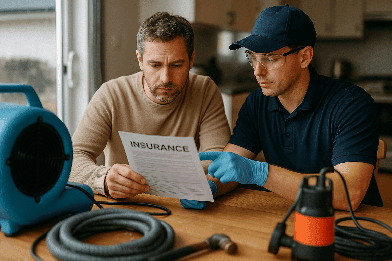 Homeowner discussing water damage insurance claim with restoration professional