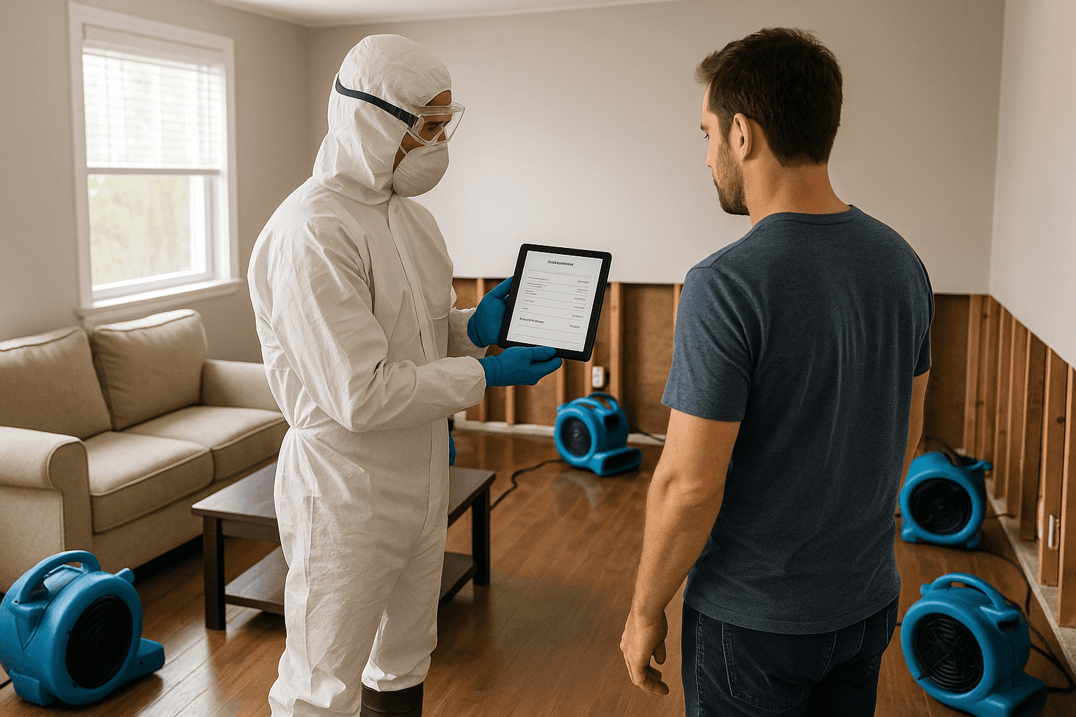 Restoration technician discussing water damage repair costs with homeowner